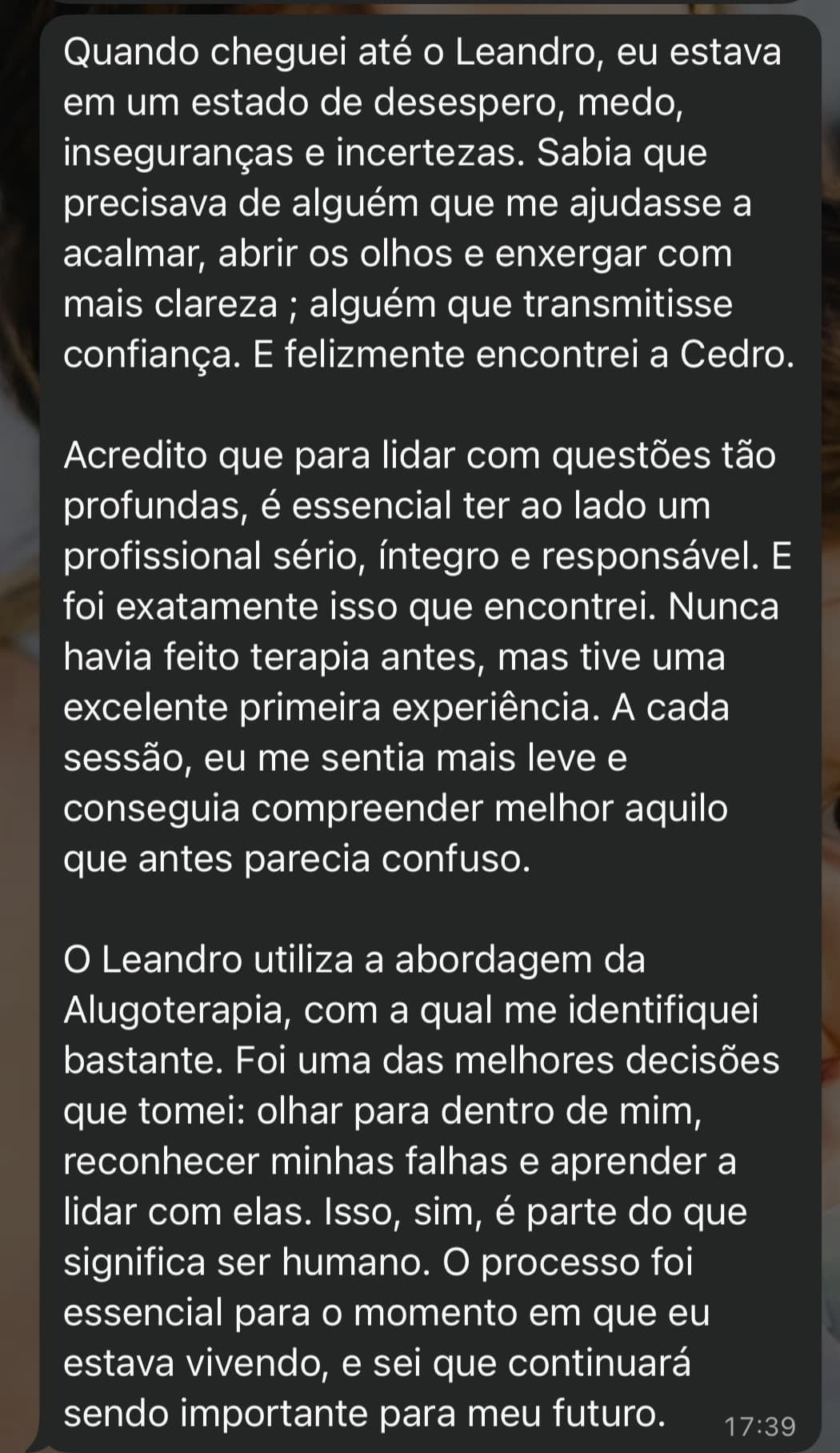 Depoimento 1 de paciente da Clínica Cedro